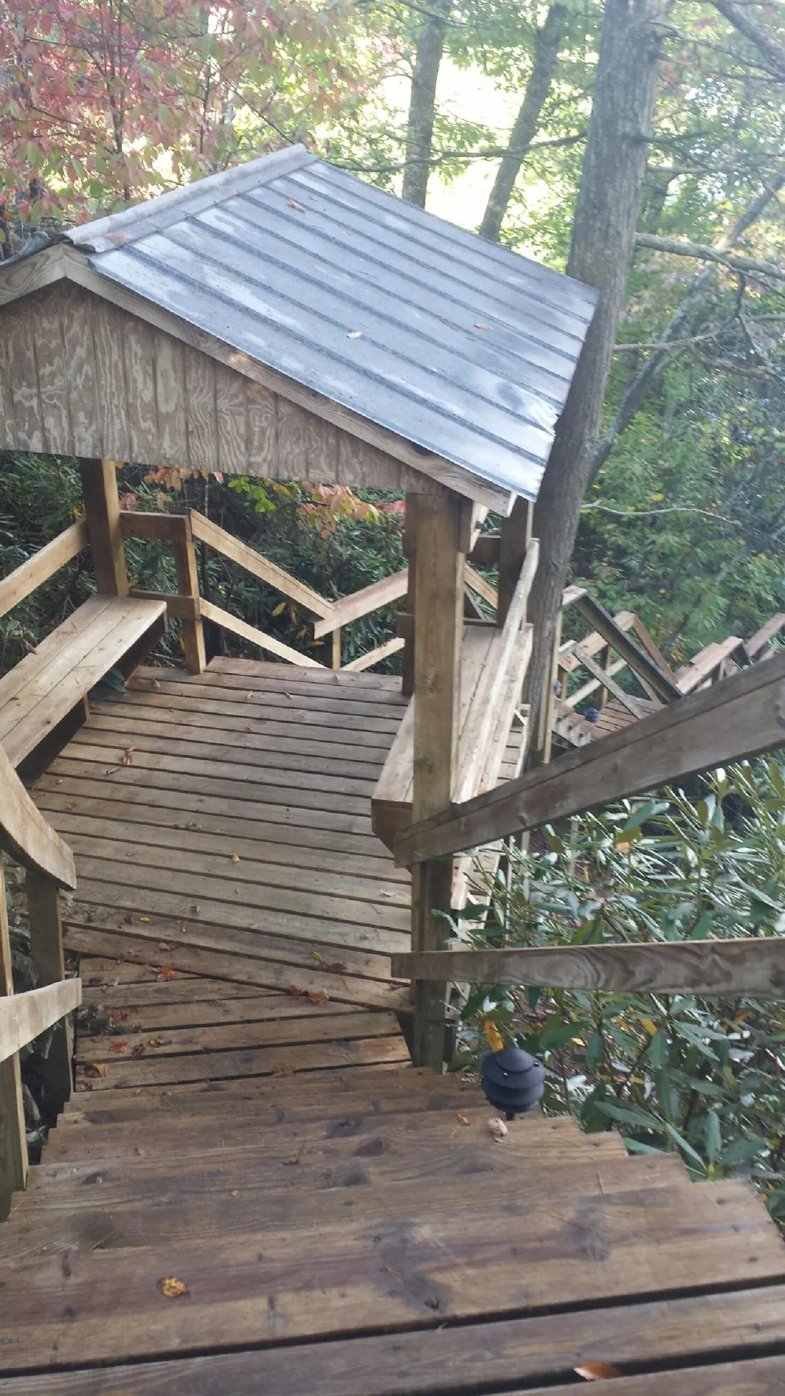 Metal roofed shelter over wooden steps on a wooded walkway — Skylight Repair & Installation work by our crew in Davey